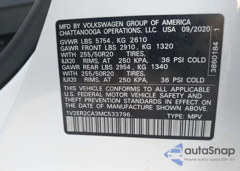 2021 Volkswagen Atlas 3.6L V6 Sel z USA, uszkodzony, nr VIN 1V2ER2CA3MC533796
